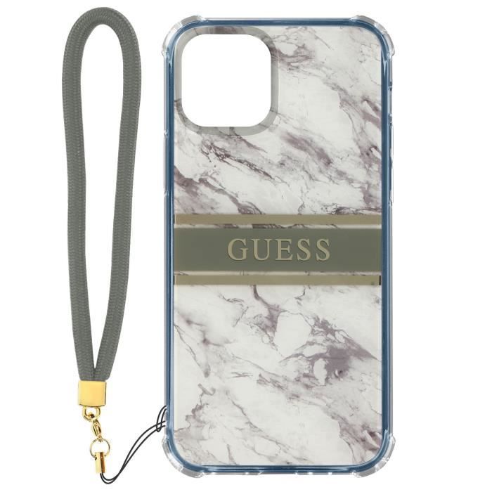 Coque Apple iPhone 13 avec Dragonne Motif marbre Guess - Blanc