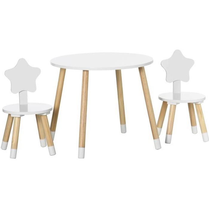 Ensemble table et chaises enfant design scandinave motif étoile bois pin MDF blanc 59x59x50cm Blanc