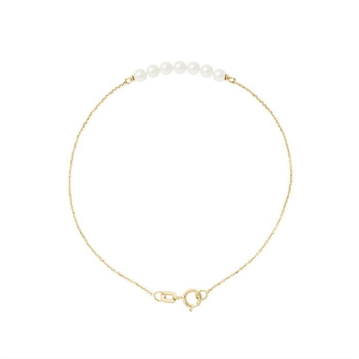 PERLINEA - Bracelet 7 Véritables Perles de Culture d'Eau Douce Rondes 3-4 mm Blanc Naturel - Or Jaune - Bijoux Femme
