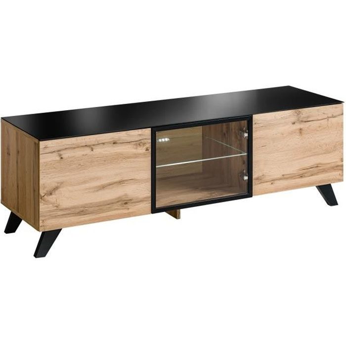 Meuble tv TINO. Idéal pour votre salon. Look tendance type industriel, bois, verre et métal. 45 Marron
