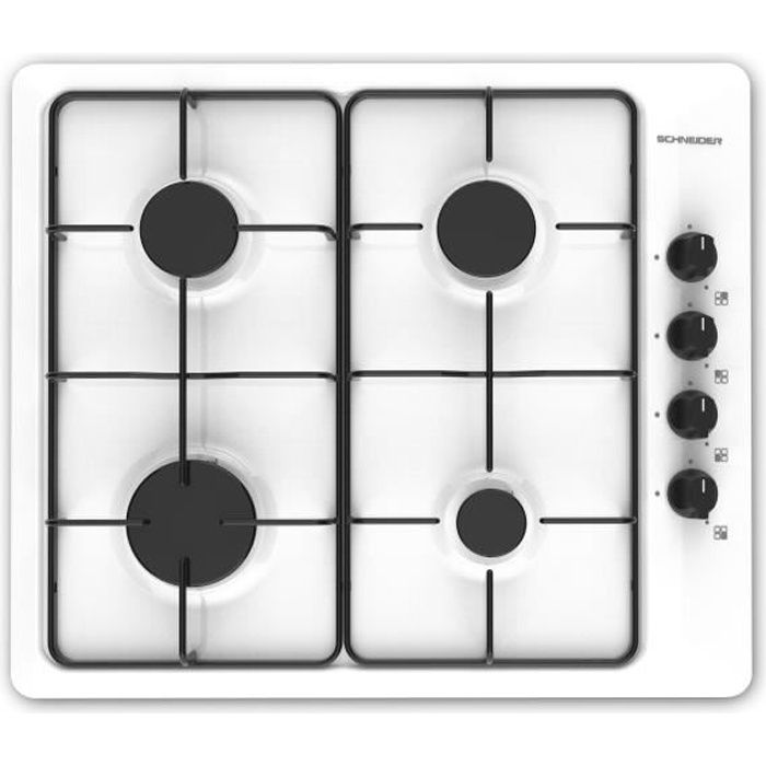 SCHNEIDER - SCTG6040B1 - Table de cuisson 4 Foyers Gaz - 7500 watts - Thermocouple - Brûleurs Sabaf - Email Blanc