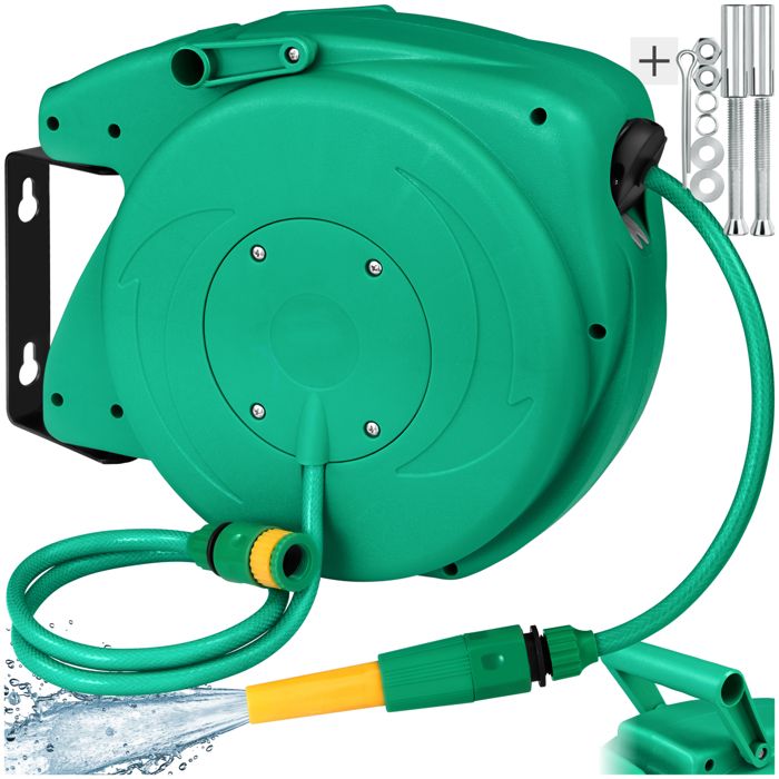 TECTAKE Dévidoir avec Tuyau d'Arrosage 10 mètres Automatique Mural Vert