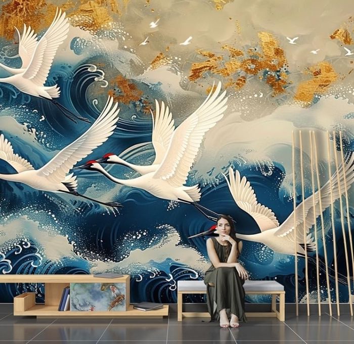 Papier Peint Mural 3D Panoramique Murale Grue à Vagues Rétro Japonaise ...