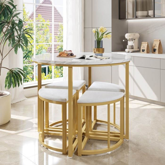 DRIPEX Table à Manger avec 4 Chaises Ensemble Table de Cuisine Luxe MDF+Cadre en Fer Doré Chaise en Velours 80x80x75cm Blanc