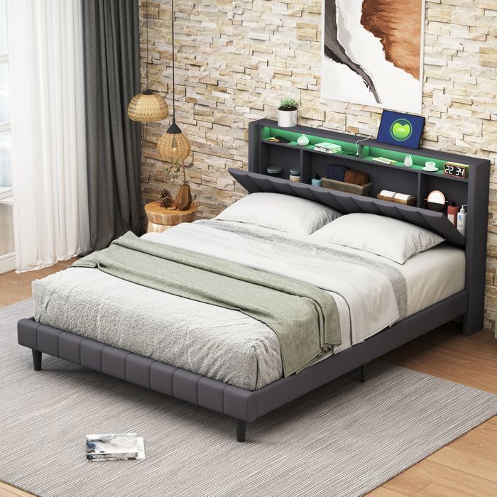 Lit Coffre Double 160x200 Avec LED Et Charge USB - Rangement Intégré Sous Sommier, Tête De Lit Avec Compartiment - Design Moderne Pour Adulte Et Ado