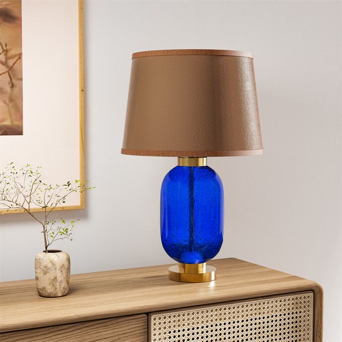 Lampe de Table Moderne Bleu - 3 Tons de Lumières Design Élégant avec Base Dorée et Abat-Jour en PE - Pour Chambre Salon