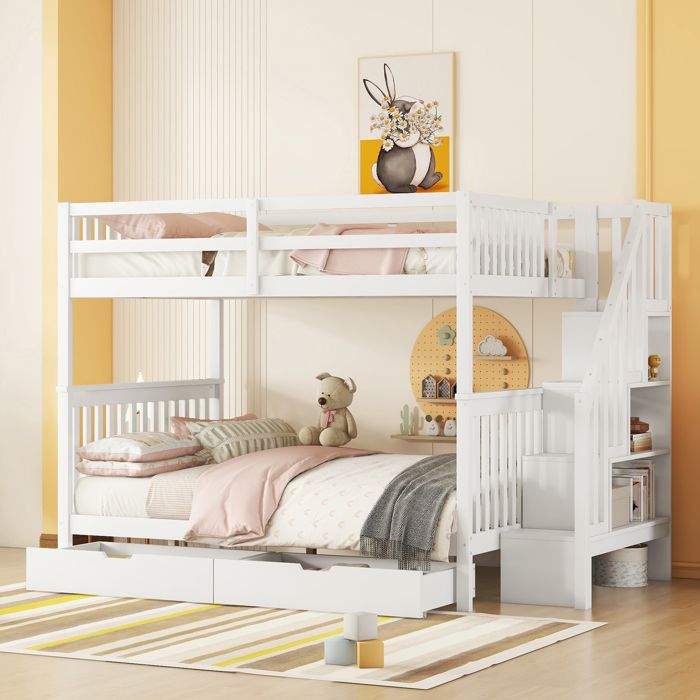 Lit Superposé Enfant 140x200cm - Avec Escalier - Avec Petite Porte Metal Blanc Matelas Non Inclus 97426474