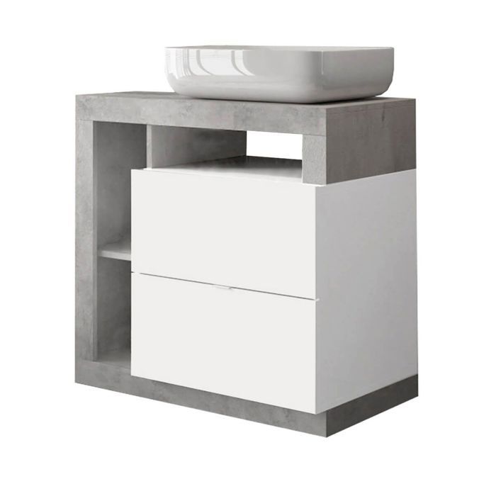 ARTURO - Meuble Vasque 78cm 2 tiroirs blanc laqué et aspect béton