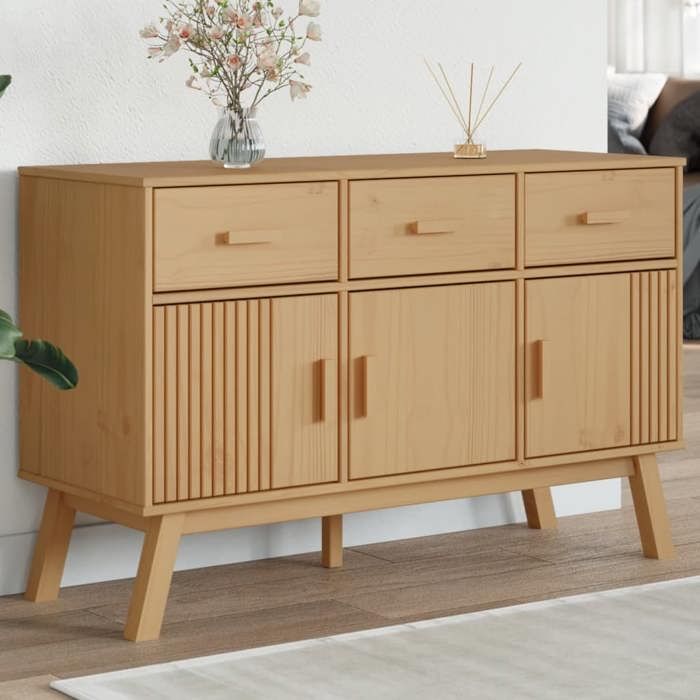 SALE 2025Meuble bas bahut vaisselier - Buffet OLDEN marron 114x43x73 5 cm - Bois massif de pin 30 75 Kg 8670