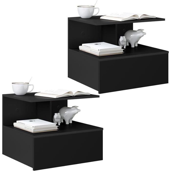 Table de chevet suspendue noire - WOLTU - Lot de 2 - 40x35x31 cm - 1 compartiment ouvert - 1 tiroir Table de chevet suspendue noire - WOLTU - Lot de 2 - 40x35x31 cm - 1 compartiment ouvert - 1 tiroir
