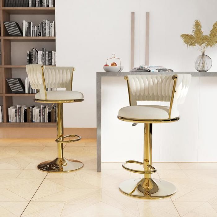YIYI. 2 X TABOURET DE BAR RÉGLABLES ET PIVOTANTES AVEC DOSSIERS TISSÉS ADAPTÉES AUX CAFÉS BARS 38*38*88-100CM BEIGE.