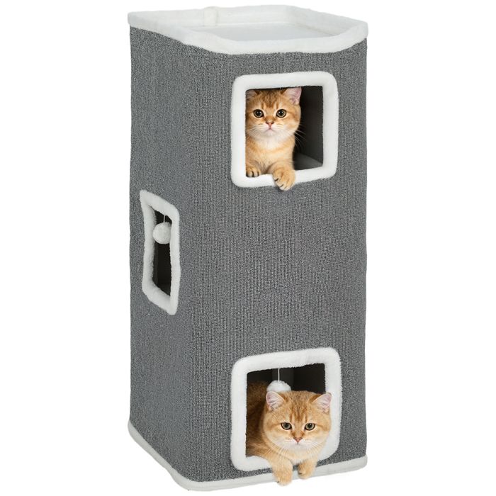Comparer les prix de Tour pour chat - Pawhut - 100 cm - à 4 niveaux - avec boules de jeu plateforme supérieure et bord en peluche - gris
