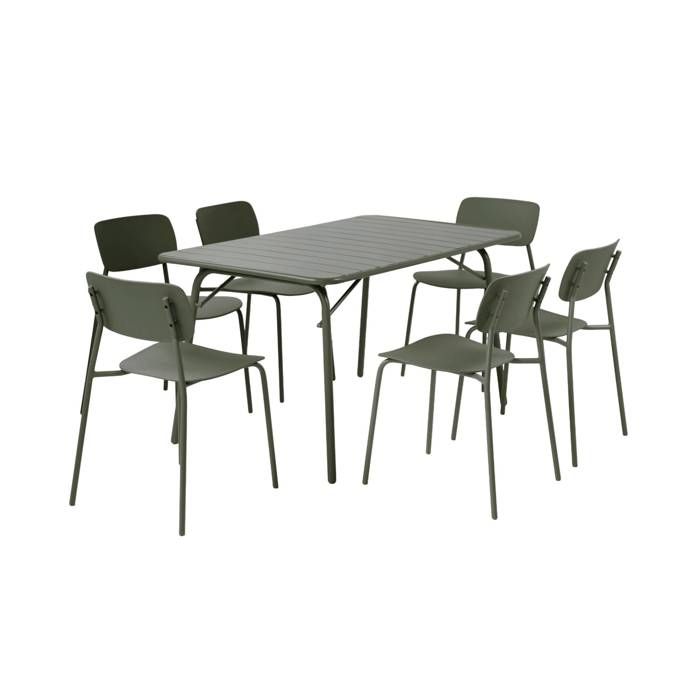Table de jardin pliante métal + 6 assises kaki. Amelia + Liva 141.2 x 80 x 72.5cm