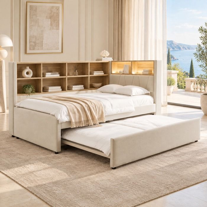 Lit 90x200 cm en flanelle beige avec lit gigogne 90x190 éclairage LED et rangements intégrés – Multifonction