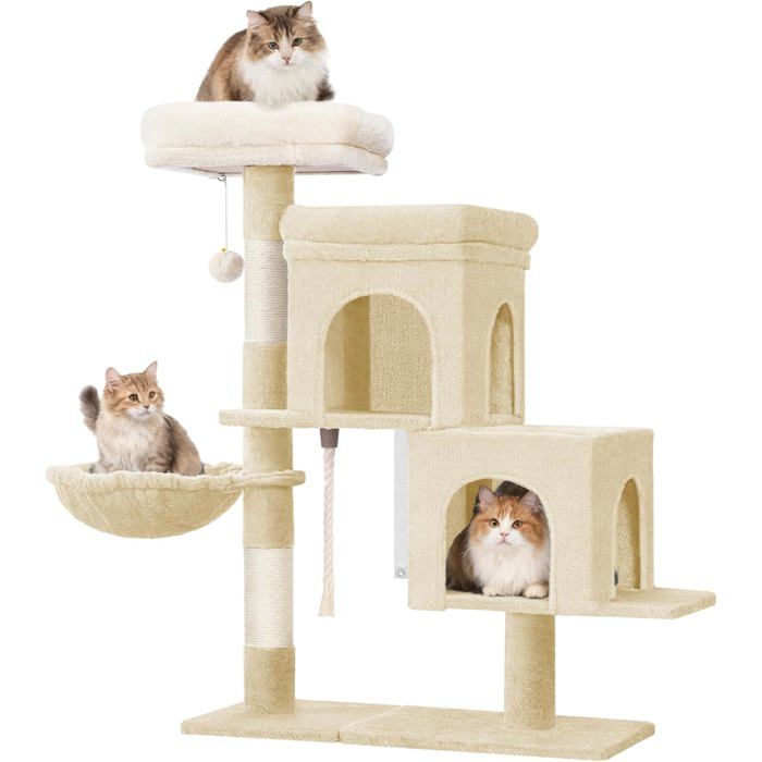 Comparer les prix de Arbre a Chat Petit Arbre à Chat de 95 cm Spacieux et Stable Fond Réglable avec Grande Plateforme Souple Pompons Panier Beige