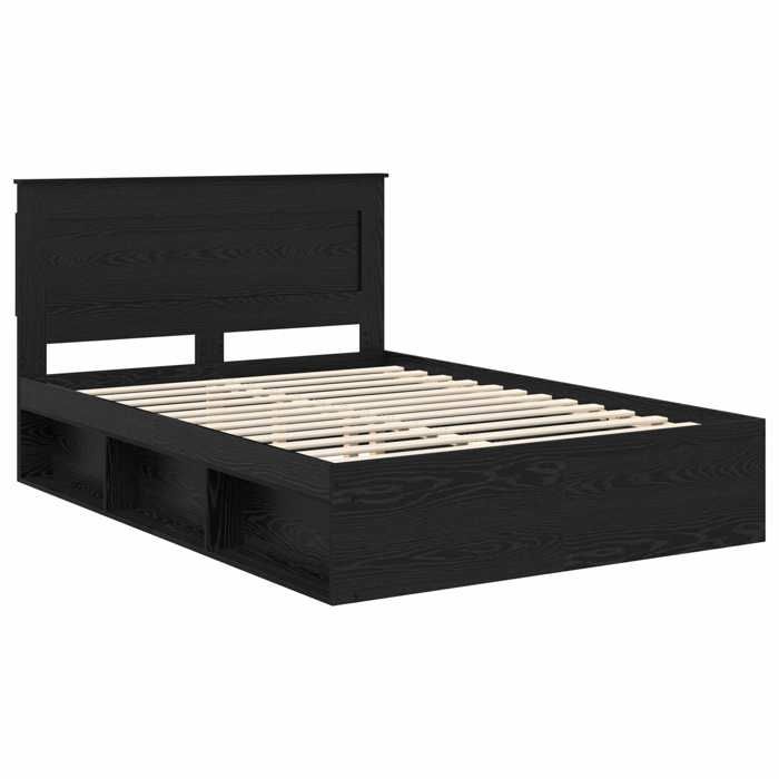 Structure de lit avec tête de lit - UU - 140x190 cm - Pin massif - Noir - Cadre à lattes - Avec tiroir - Rangement