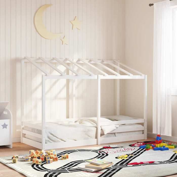 Lit pour enfants en bois - UU - 75x190 cm - Blanc - Bois de pin massif - Lattes en contreplaqué