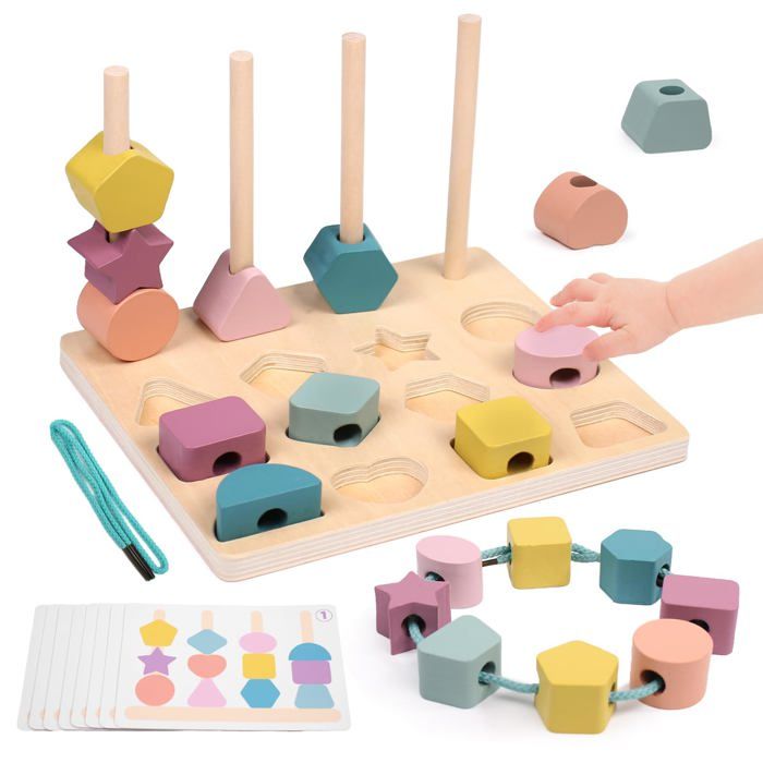 Jeu Montessori 3 en 1 - Tri Empilage & Enfilage Perles en Bois Jouet Éducatif 2 3 4 5 Ans Cadeau Garçon Fille