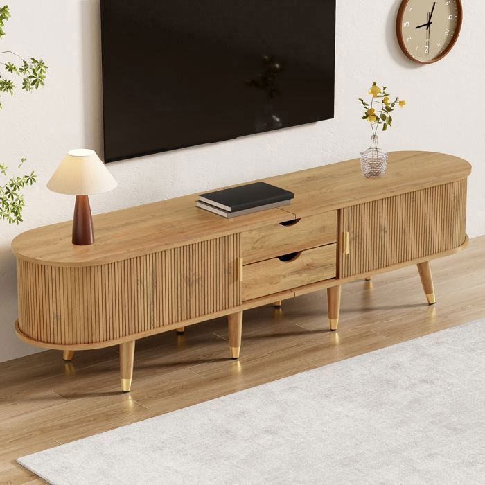 Meuble TV Bas - 175 cm - Rotin et Bois - Porte Coulissante - Buffet Télévision - Style Rustique Meuble TV Bas - 175 cm - Rotin et Bois - Porte Coulissante - Buffet Télévision - Style Rustique