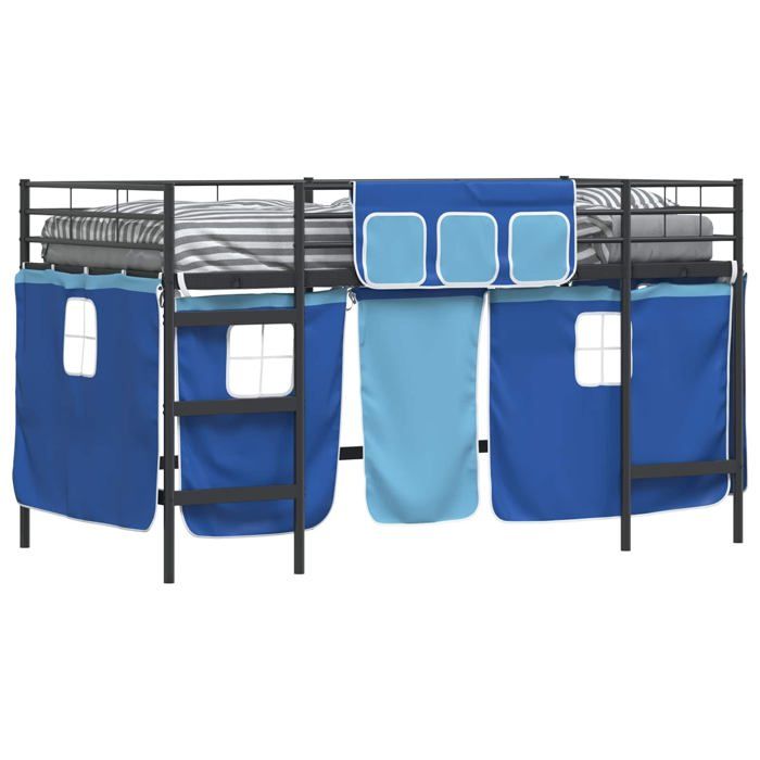 Lit mezzanine pour enfants - vidaXL - Rideaux - Noir et Bleu - Métal - 95x205x116 cm - Lit simple 90x190 cm - Respirant
