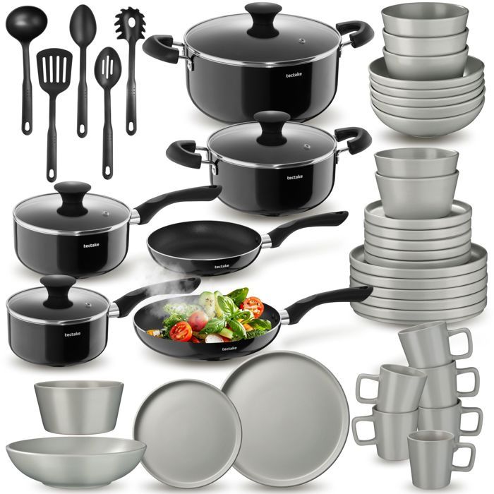 Set de cuisine - TECTAKE - Set complet de cuisine induction 6 personnes GRIS NOIR - service de table 30 pièces en faïence