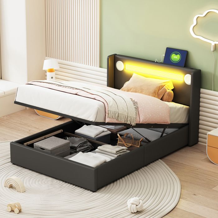 Lit enfant coffre 90 x 200 cm Lit simple rembourré avec éclairage LED rangement hydraulique et 2 ports USB - Cuir PU - Noir