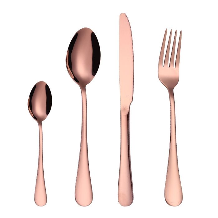 Ensemble de couverts en acier inoxydable - MLBQ - 4 pièces - Or rose - Design miroir - Bords ronds
