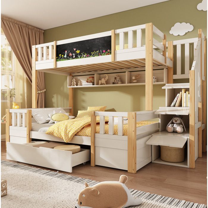Maisentiel Lit superposé enfant 3 places 90 x 200 et 140 x 200 cm escalier rangement blanc naturel