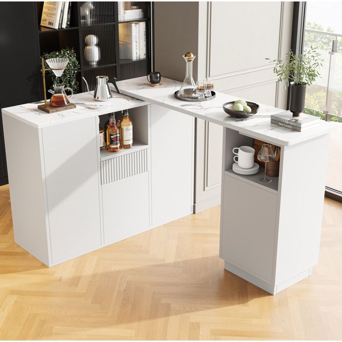 Bar rotatif 360° blanc L 210 x P 30 x H 1009 cm plateau effet marbre MDF rangement