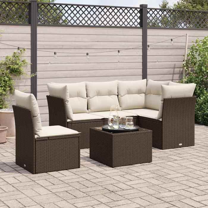 NEW 2026 Salon de jardin lot de 6 Meuble pour 5 personnes avec coussins marron résine tressée 62x62x69 cm S2052