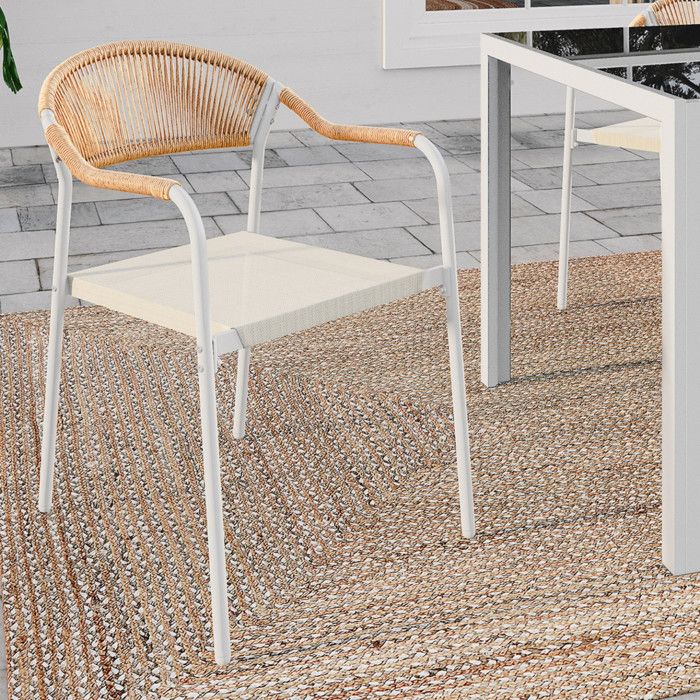Lot de 6 chaises de jardin MADEIRA métal blanc cordage et textilène beige et rotin clair