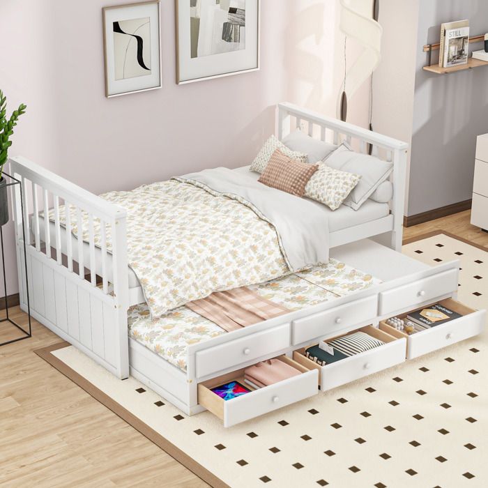 MIVRAY Lit Gigogne Lit 2 Places avec 3 Tiroirs 90×200 cm et 90×190 cm sans Matelas en Pin et MDF Blanc