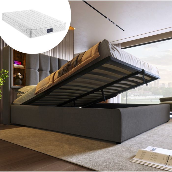 Lit coffre gris 140 × 200 avec charge sans fil USB-C rangements et matelas