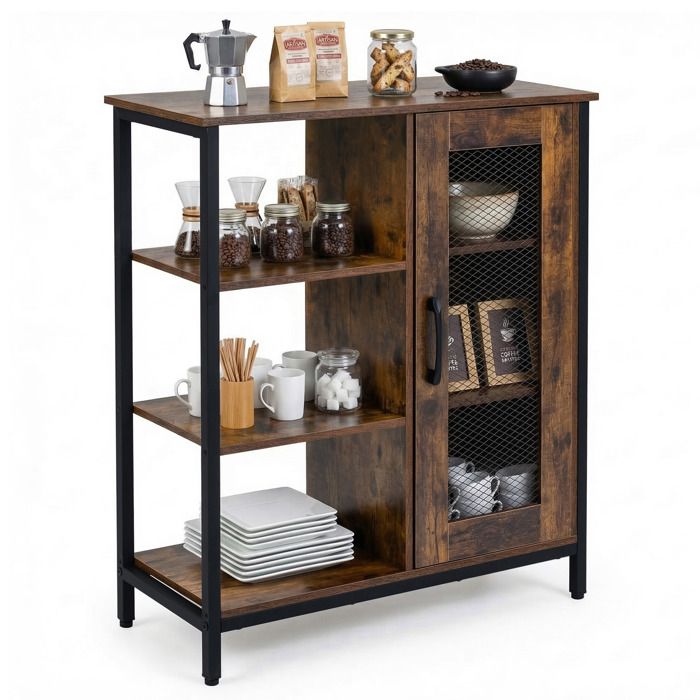 Buffet de Cuisine COSTWAY avec Placard à Porte Plateau Spacieux Étagères Réglables 2 Kits Anti-basculement Brun Rustique Buffet de Cuisine COSTWAY avec Placard à Porte Plateau Spacieux Étagères Réglables 2 Kits Anti-basculement Brun Rustique