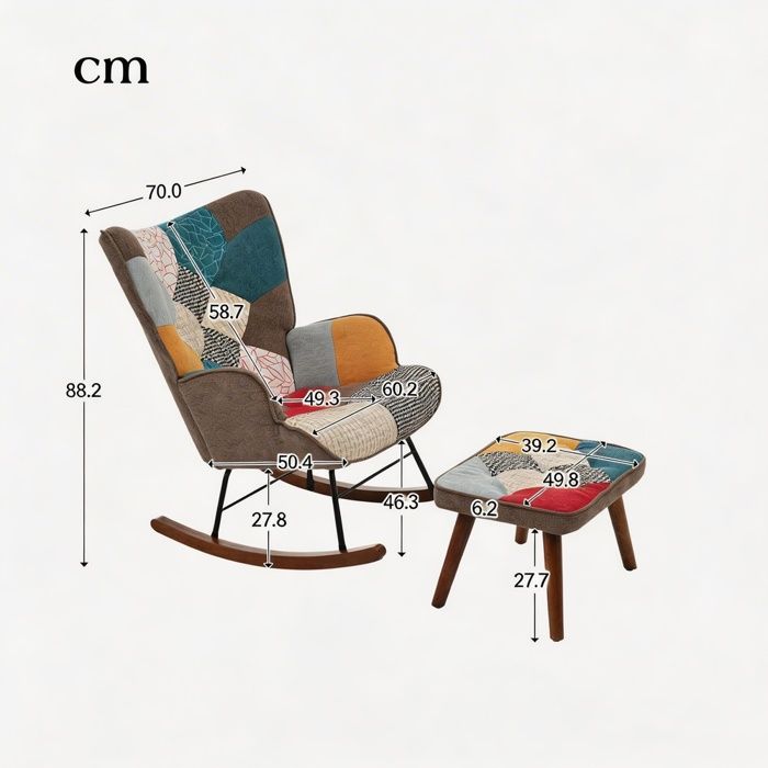 Fauteuil à bascule - Patchwork - Matelassé multicolore - Structure bois massif & fer - Repose-pieds inclus