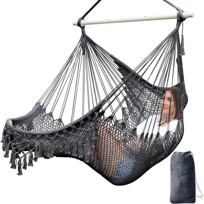 Chaise Suspendue XXL en Coton Tissé Doux - Siège Large avec Barre dÉcartement Métal Solide et Pliable