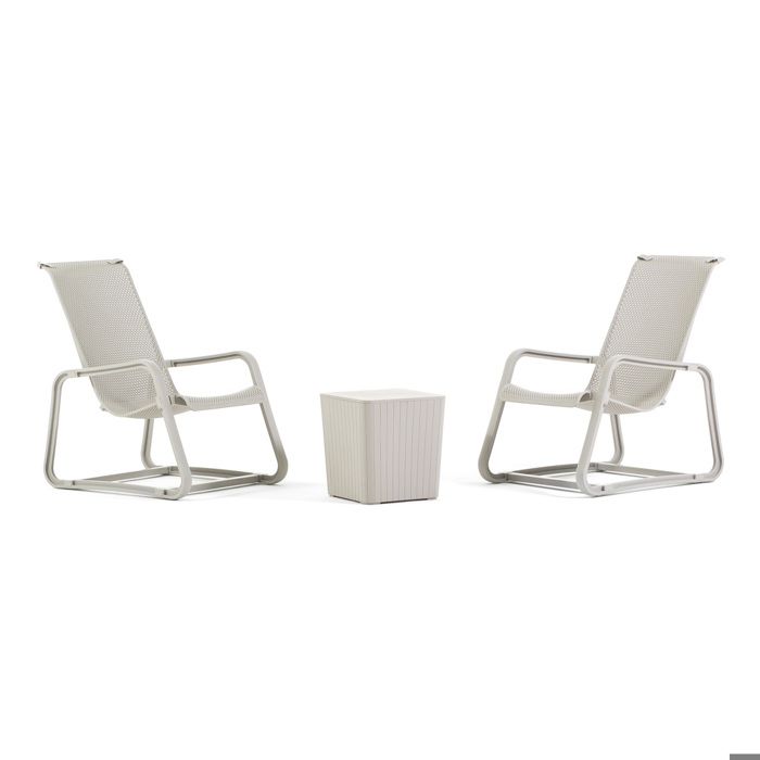 Salon de jardin détente avec 2 fauteuils ergonomiques et table coffre en polypropylène pour terrasse piscine extérieur Lily