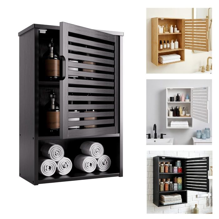 Noir Armoire Murale de Salle de Bain à 3 niveaux 40x20x60CM Meuble de Rangement Suspendu avec Porte Simple et étagère Ouverte