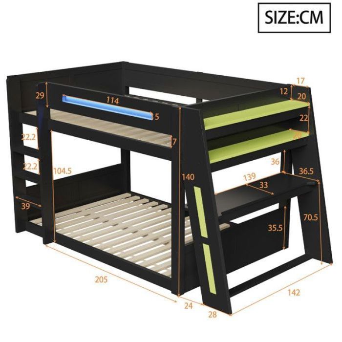 Lit superposé Gaming140x200cm Pin massif MDF Bureau Intégré LED USB Étagères Rangement Structure Robuste pour Ados no LIT MEZZANINE
