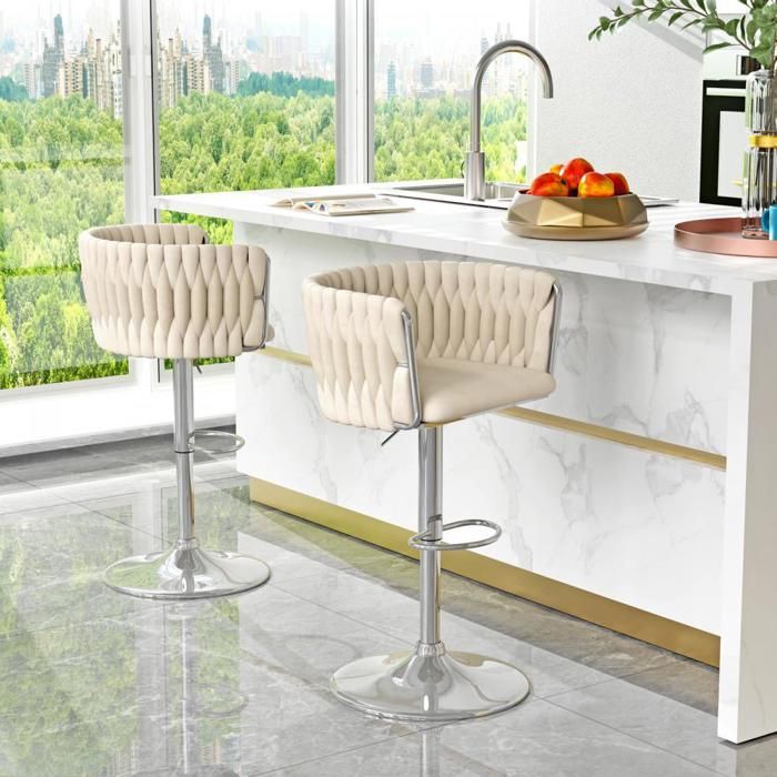 PEACHES Lot de 2 tabourets hauts rotation 360° assise confortable pour salon et restaurant