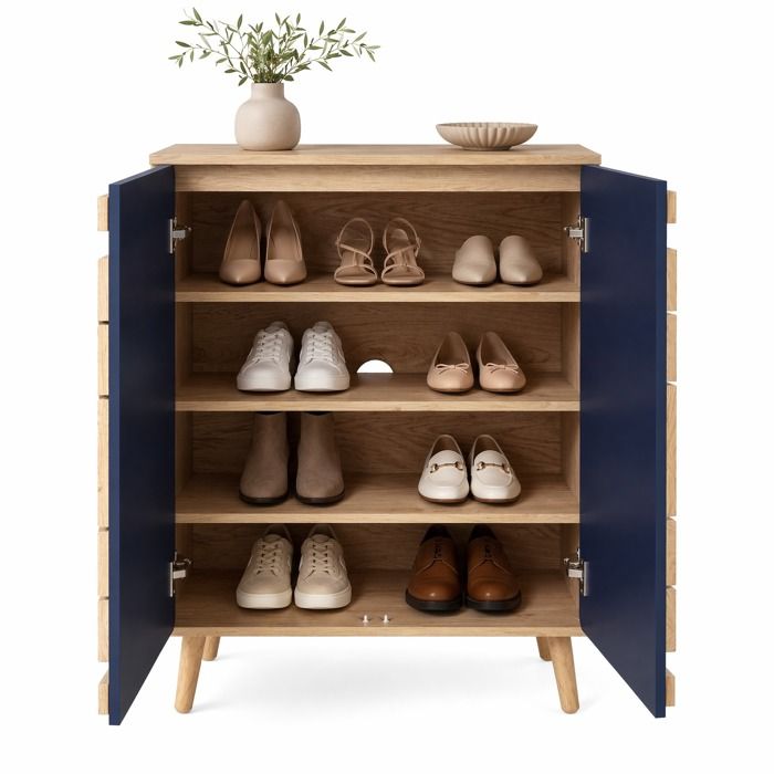 Meuble à chaussures – Design géométrique rond – Rangement multi-niveaux – Bleu et naturel – 76 x 37 x 985 cm