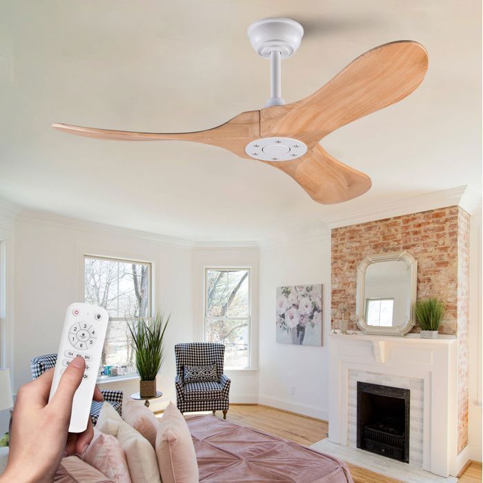 Ventilateur de plafond 42 pouces sans éclairage 3 pales en bois naturel télécommande blanc et bois naturel