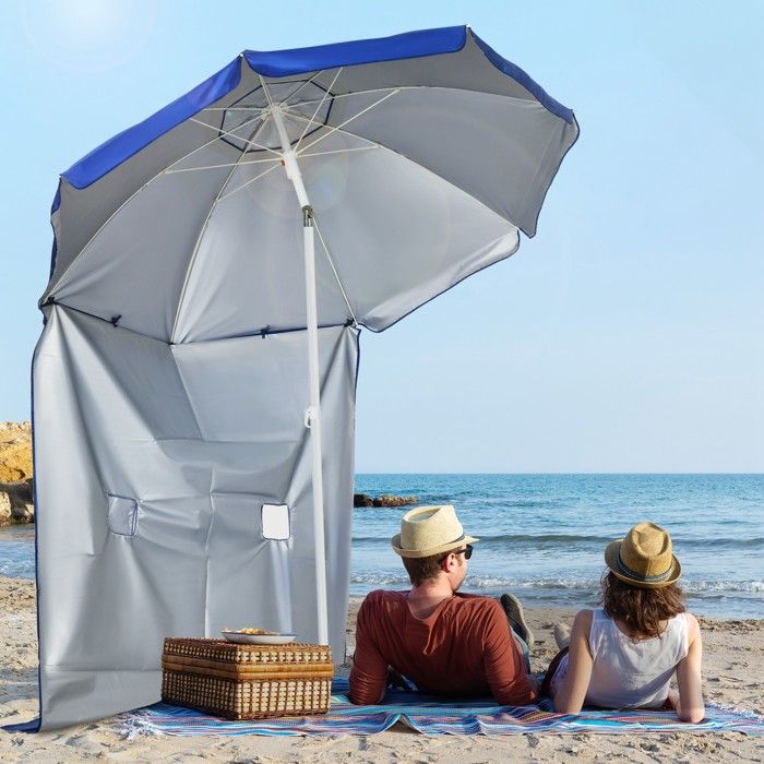 Parasol de plage avec panneau latéral Ø 191 x 211 cm manivelle manuelle toit inclinable 2 poches et 2 fenêtres