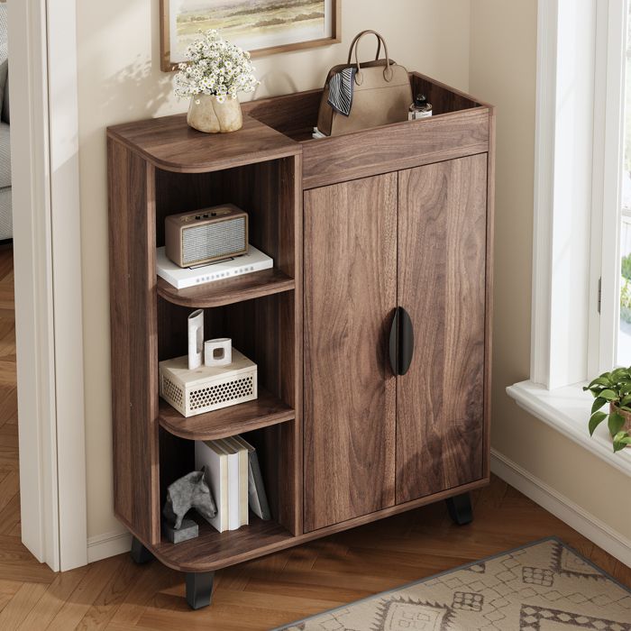 COVREO meuble à chaussures étroit 80x32x99 cm 2 portes niches ouvertes et rangement supérieur noyer
