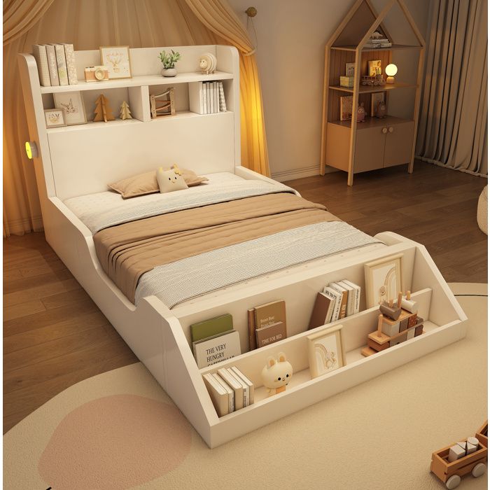 COVREO Lit enfant 90x200 cm avec étagères bibliothèque amovible veilleuses et sommier à lattes blanc
