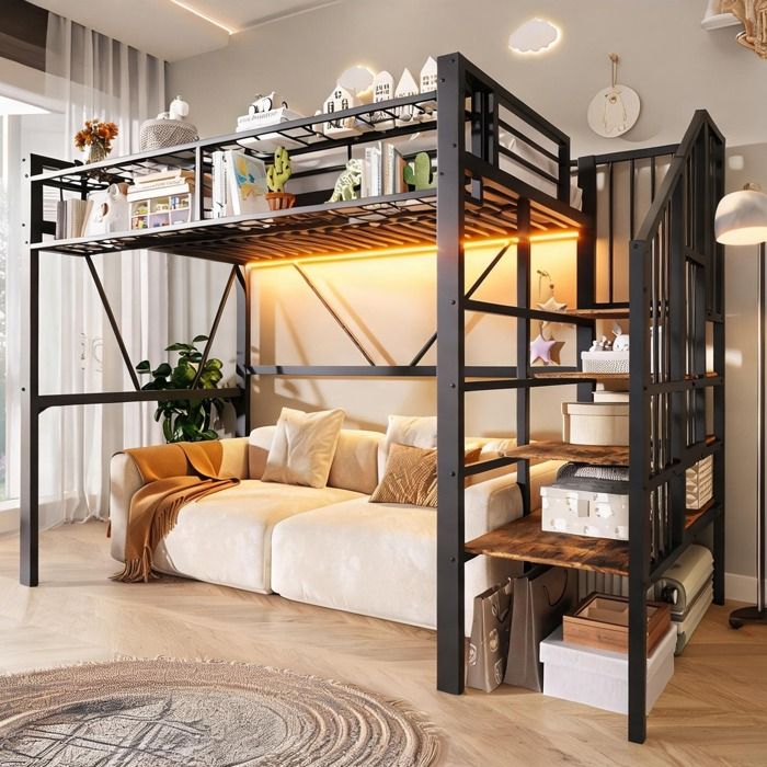 Lit mezzanine espace gain de place 90x200 cm avec rangements escalier étagère et LED - Noir mat métal et MDF