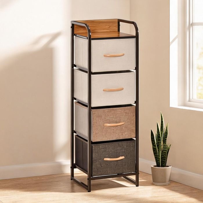 Commode chiffonnier multicolore en polyester 4 tiroirs pliables – structure acier noir – 31 x 29 x 99 cm