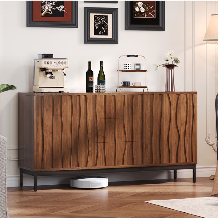 VEVXYN meuble rangement buffet bas bahut 150 cm 3 tiroirs 2 portes étagères réglables MDF marron foncé aspect chêne vintage