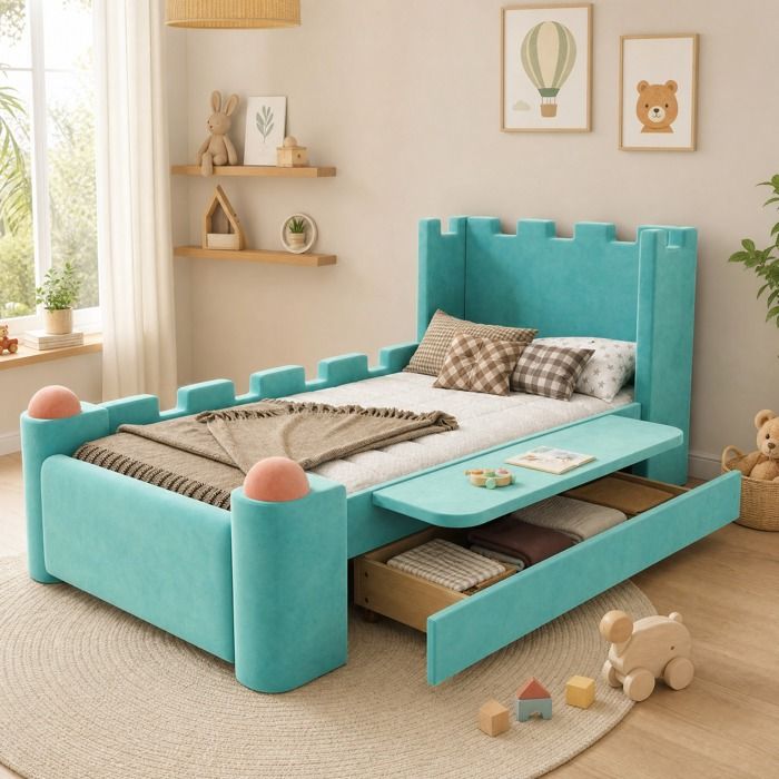 ULEVR Lit enfant rembourré 90x200 cm style château bleu-vert avec tablette latérale rabattable et tiroir