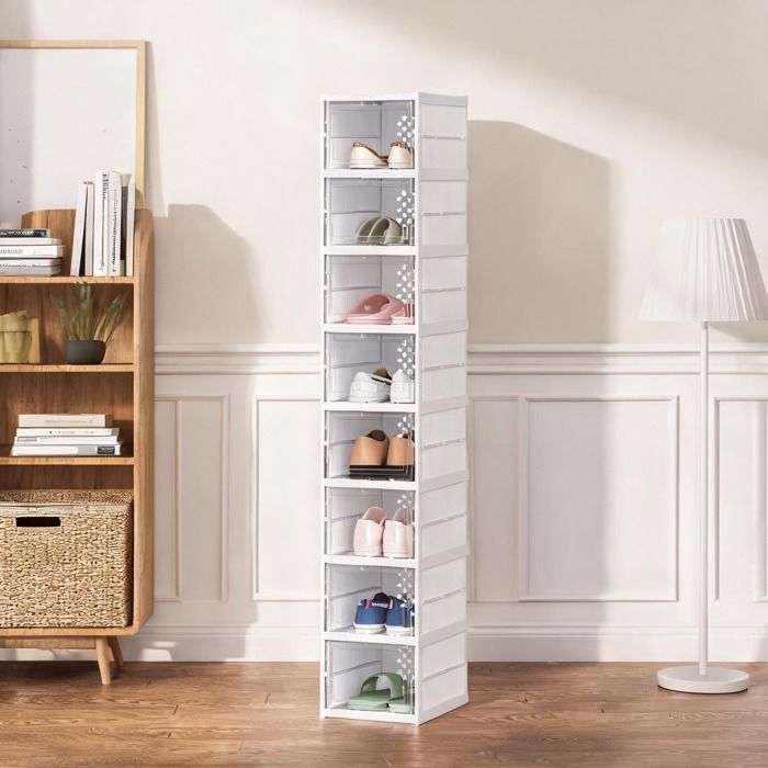 Meuble range-chaussures 8 étagères pliables en plastique blanc portes transparentes pour entrée ou dressing 35x26x140 cm